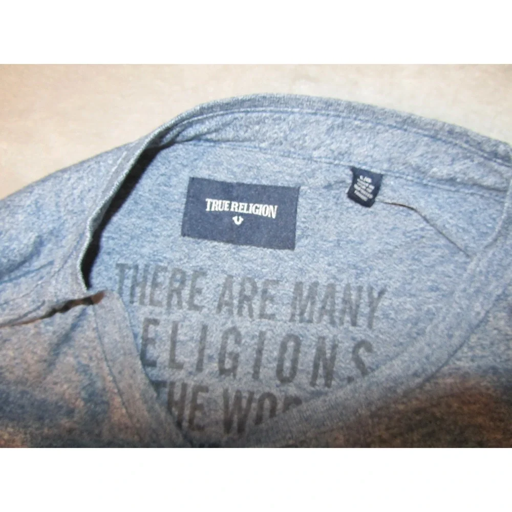 True Religion Mens Blue Heather Short Sleeve Horseshoe Logo Crew‎ Neck T-Shirt L